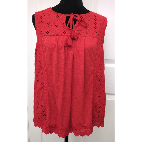 Knox Rose Floral Eyelet Embroidered Top Tassel Tie Rib Knit Rebel Red XL - Picture 2 of 7